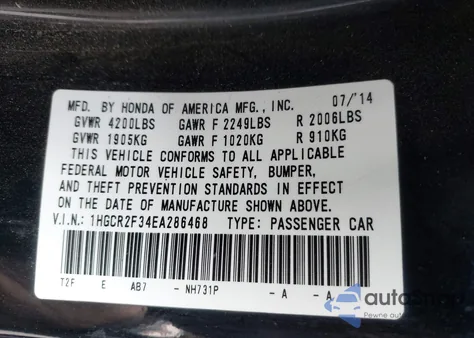 2014 Honda Accord Lx из США, поврежденный, VIN 1HGCR2F34EA286468